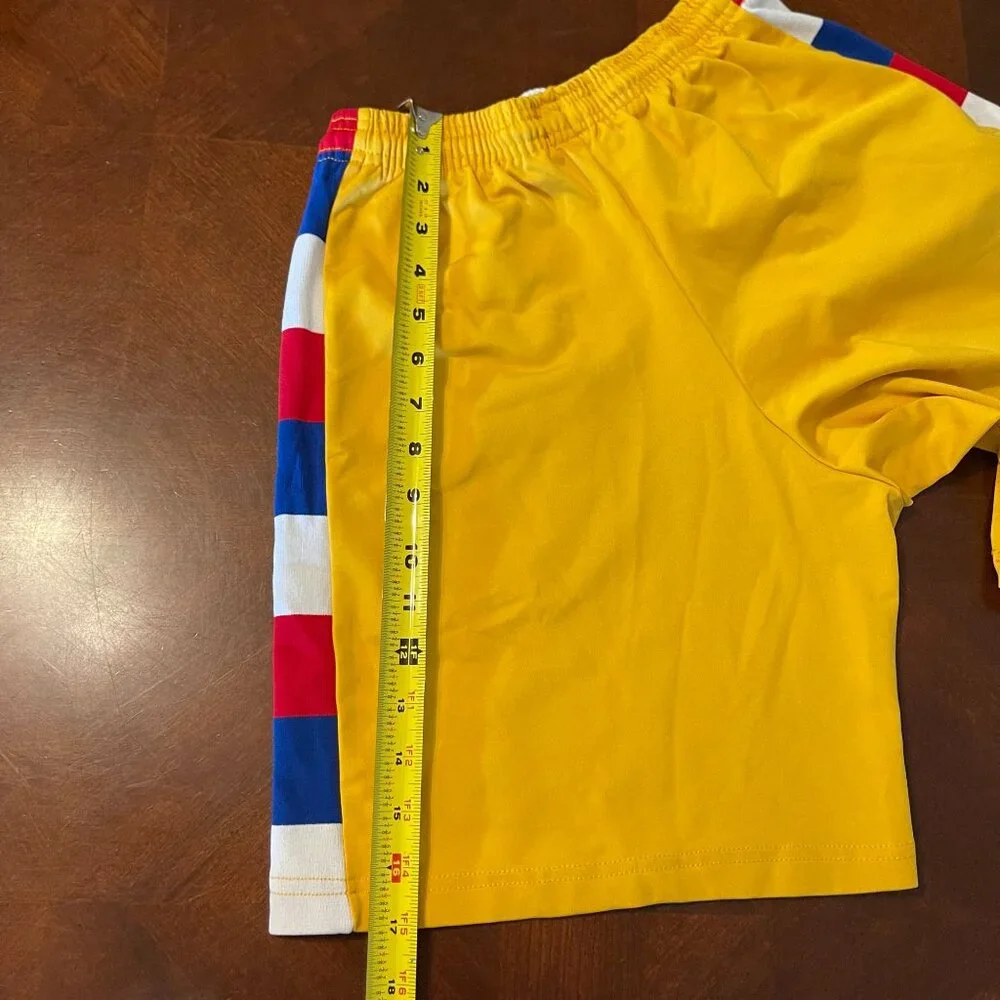 Fit 2 Win Lacrosse Shorts Yellow With Red/Blue Stripe Design & Elastic Waistband